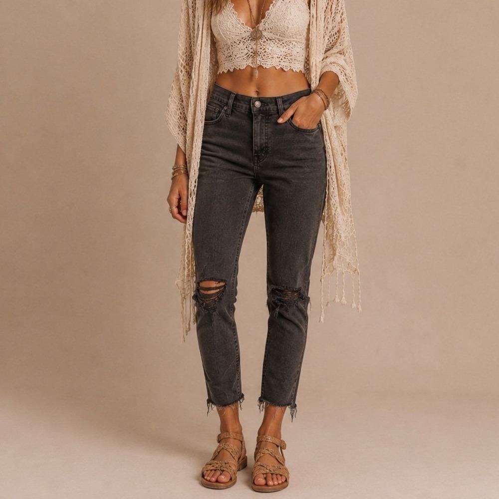 Madewell 9" Mid-Rise Skinny Jeans Black Distressed Raw Hem Boho Edgy Grunge 24